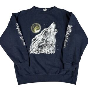 Vintage 90's Howling Wolf Graphic Print Double Sided Crewneck Sweatshirt Large